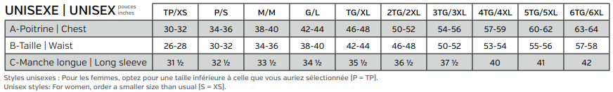 tableau de mensuration pour vêtement unisexe